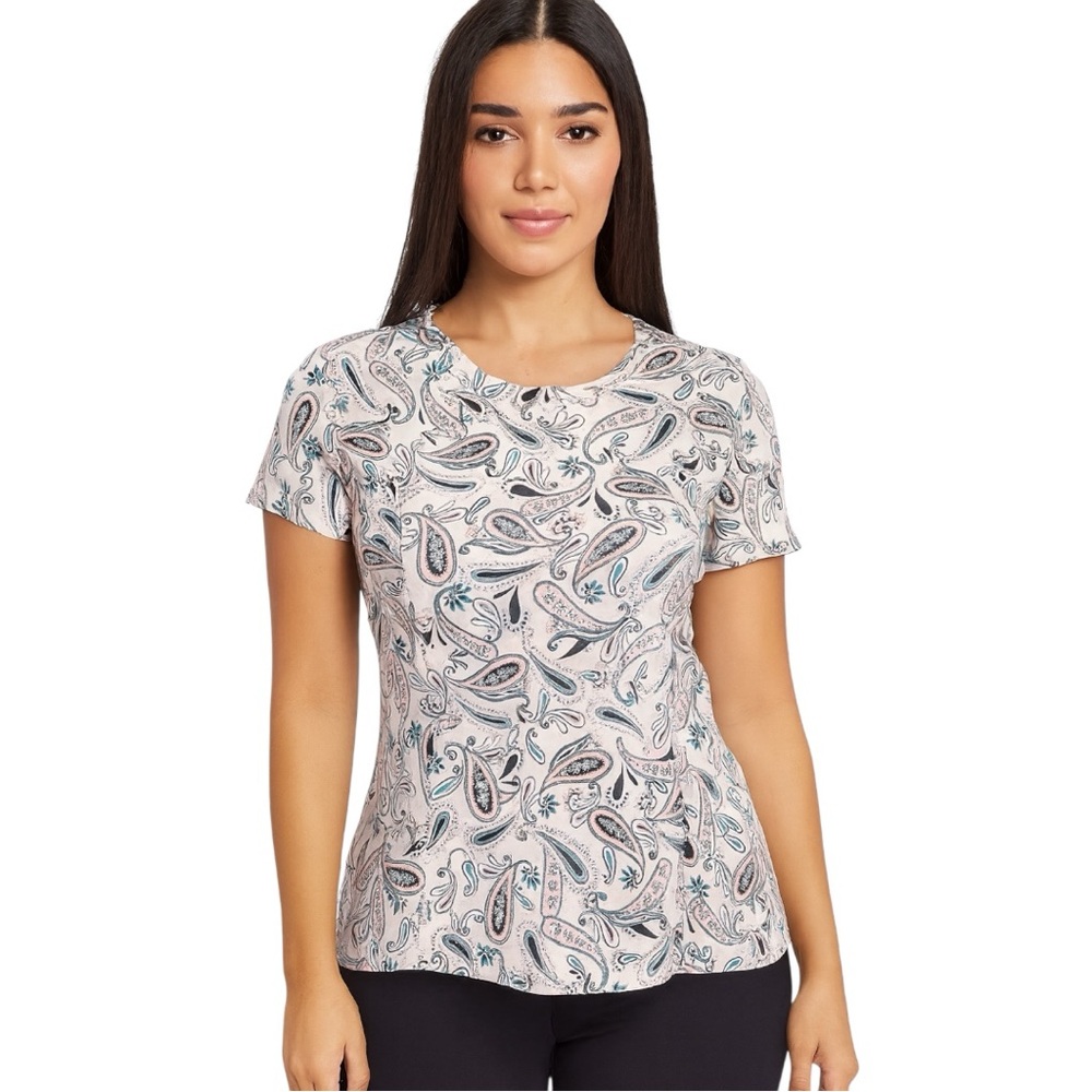 Roz & Ali pale pink paisley floral pattern top blouse neutral feminine sz M MD